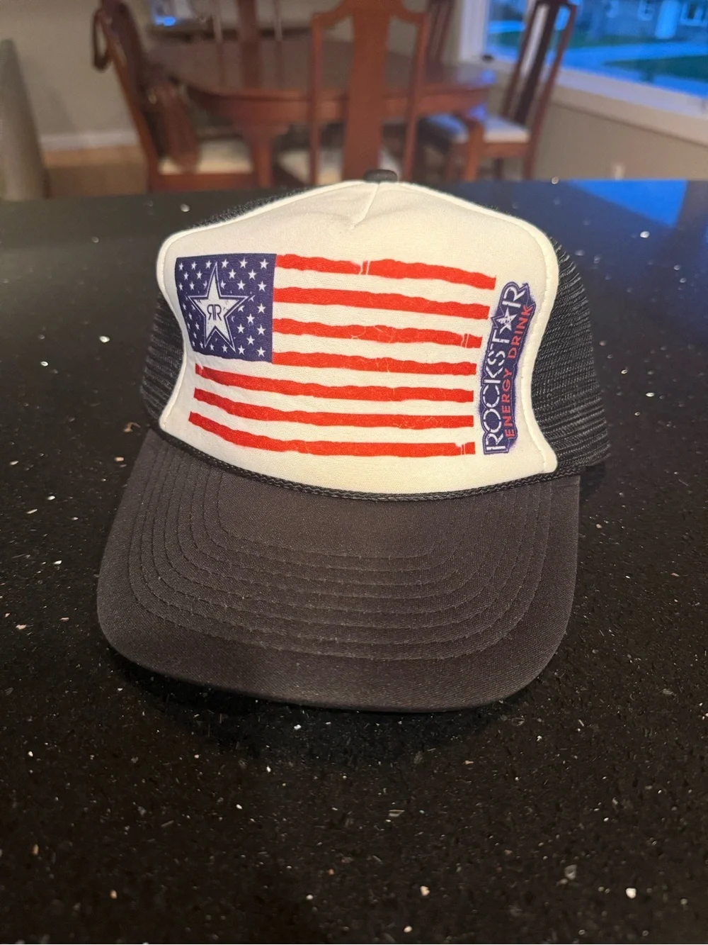 Rockstar Energy Flag Trucker Hat - Black and White with Red & Blue